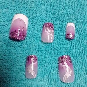 Press on nails white purple glitter marble set